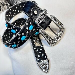 Atlas Elegant Black and Faux Turquoise Studded Belt with Bling Rhinestones 34